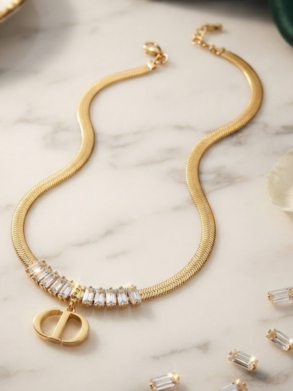 Gold Tone Hair bone Necklace with Faux Clear Crystal Baguettes